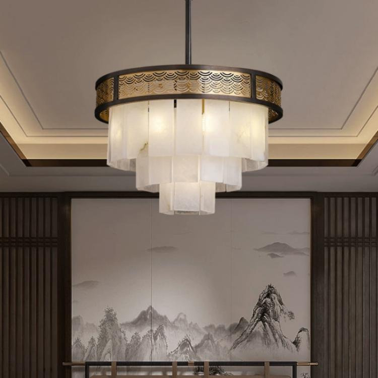 新中式客厅灯全铜云石吊灯别墅复式楼卧室餐厅会所自建房高档灯具