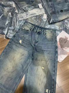 秀而高端2026早春新款时尚高腰破洞复古宽松显瘦直筒阔腿牛仔裤女