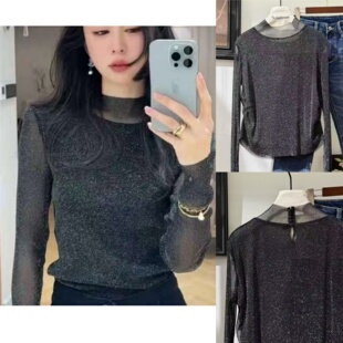 赫美高端2026早春新款圆领网纱亮丝长袖修身显瘦时尚打底上衣女