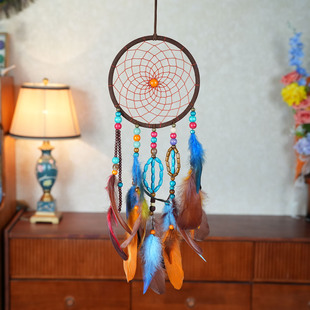 印第安捕梦网挂饰彩色羽毛手工编织风铃创意壁挂装饰
