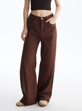 MESTLA复古简约深棕色纯棉直筒牛仔裤宽松阔腿显瘦慵懒拖地长裤