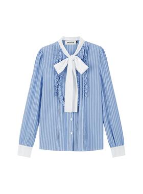 MESTLA文艺甜美木耳边堆褶飘带领纯棉泡泡袖系带衬衫