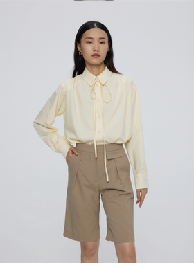 MEST2022春夏新品浅黄色长袖系带衬衫纯色通勤单排扣棉质女上衣