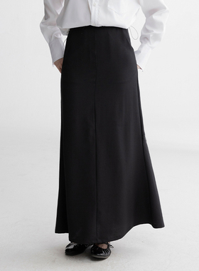 MESTLA气质慵懒时尚黑色高腰长裙毛边长款半身裙优雅开叉鱼尾裙