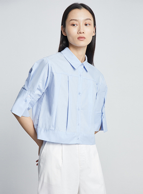 MEST显瘦褶皱方领别致蓝衬衫薄款夏设计感小众纯棉短袖上衣女气质