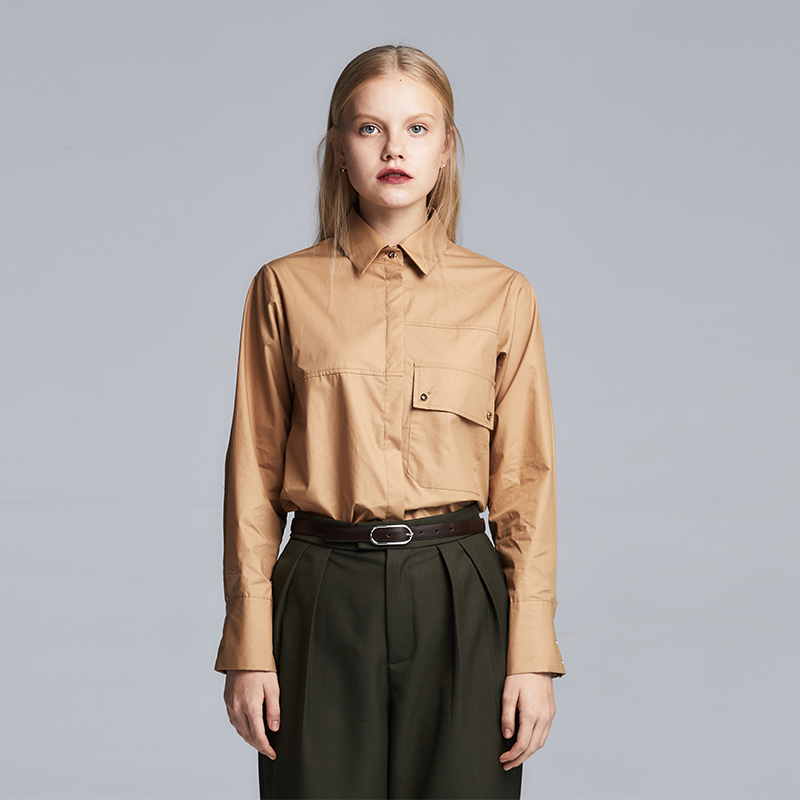 MEST春秋季纯棉通勤百搭卡其色衬衫直筒单排扣设计感长袖上衣女生