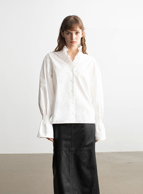 MESTLA   法式复古花边领 ins海报风纯色长袖荷叶袖高密 棉白衬衫