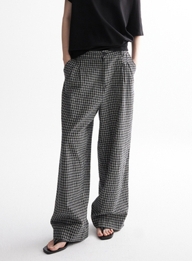 MESTLA简约休闲黑白格纹阔腿裤纯棉透气舒适显瘦通勤宽松百搭长裤