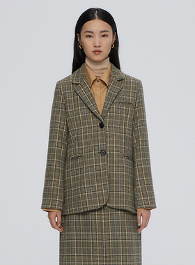 MESTLA秋冬季女士复古黄绿格子西装外套高级质感通勤常规羊毛大衣