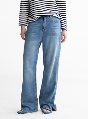 MESTLA时髦气质宽松直筒牛仔裤率性开叉造型设计感百搭阔腿牛仔裤