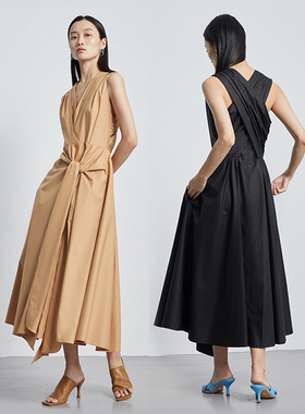 MESTLA夏季法式简约通勤无袖连衣裙纯棉蓬蓬优雅V领系带A字裙女