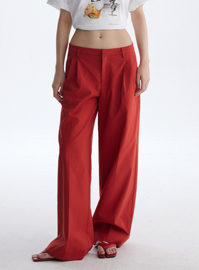 MESTLA简约通勤静奢红色阔腿裤宽松挺阔显瘦低腰棉柔休闲裤