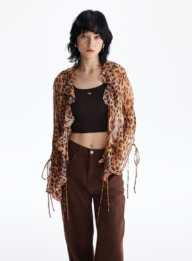 MESTLA时髦复古豹纹真丝系带衬衫荷叶边修身显瘦轻薄透气优雅上衣