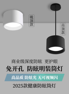 防眩明装筒灯免开孔吸顶式吊装圆柱形过道餐厅店铺展厅办公楼商用
