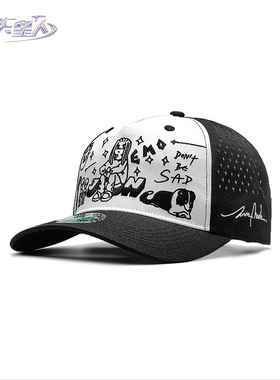 大头大脸适合的原创黑白加宽檐高硬顶鸭舌棒球网帽男女加大码潮牌