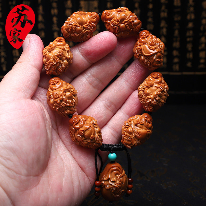 橄榄核手串骑兽双子弥勒梅林大籽核雕文玩把件手工雕刻手链男女款