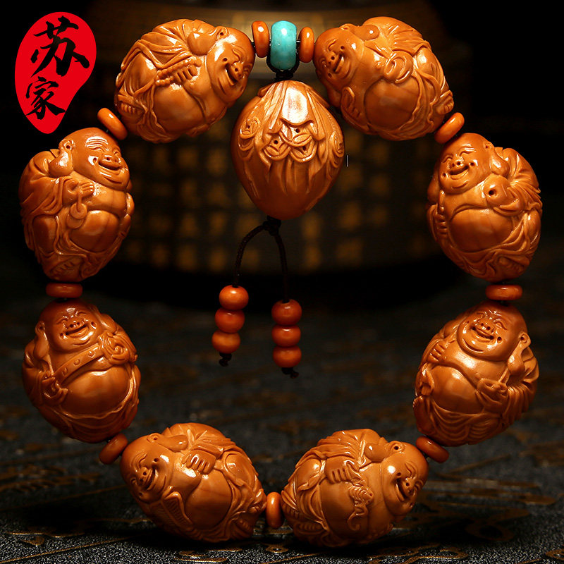 橄榄核手串 文竹八宝大弥勒佛2.0手工雕刻文玩把件 核雕手链男女