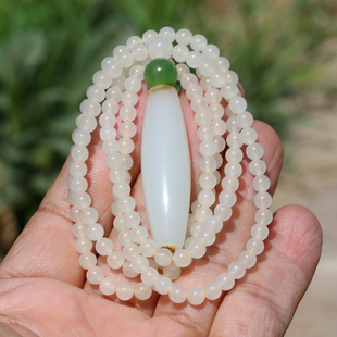 【小胡子玉器】和田玉 且末料 糖羊脂白玉 勒子 配于田圆珠挂绳