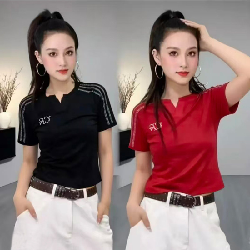 春夏季新款广场舞上衣V领短袖T恤女时尚百搭显瘦字母烫钻跳舞衣服