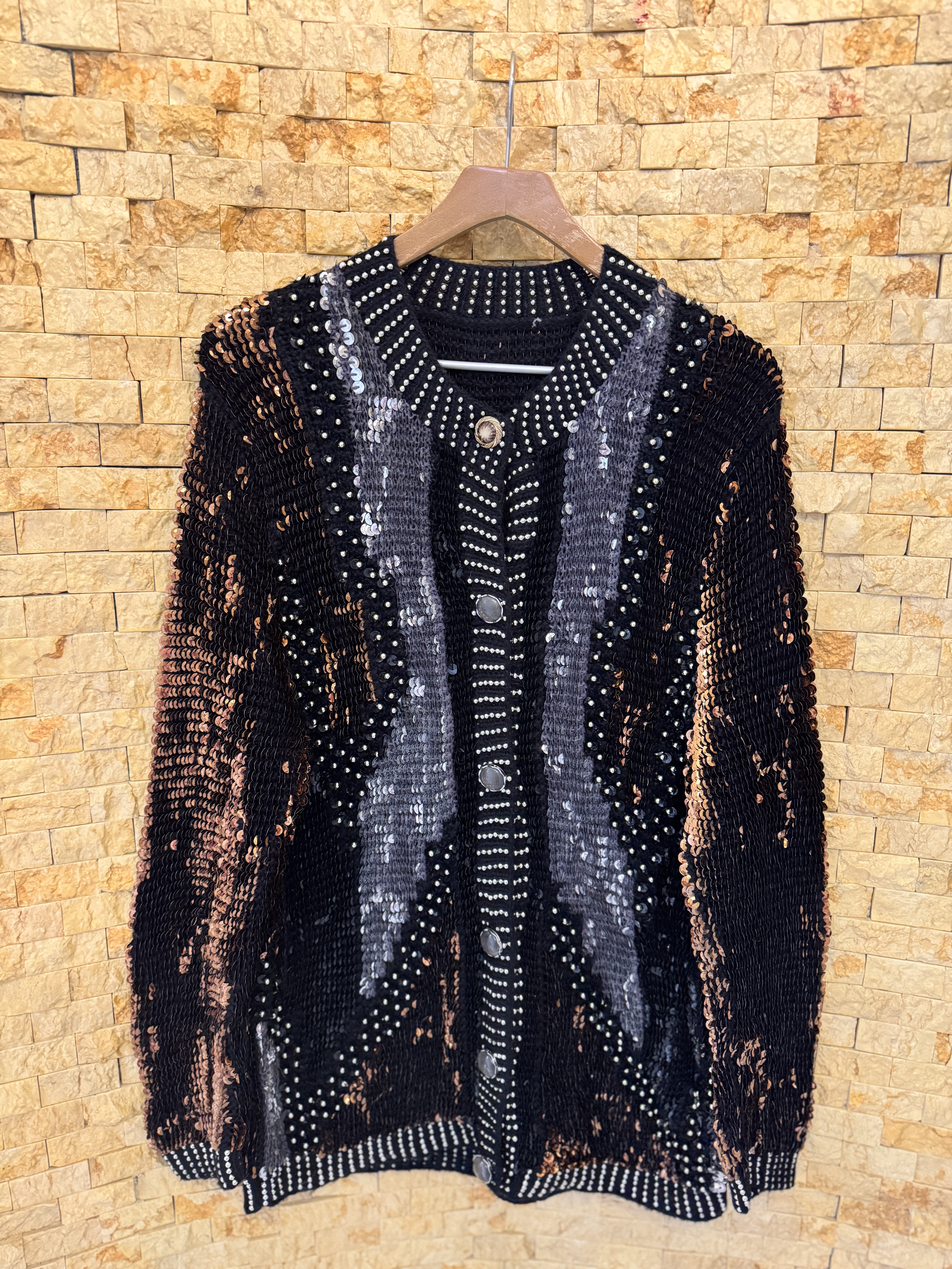 古着vintage孤品日系复古港风街拍舞台重工亮片珠片毛衣针织开衫