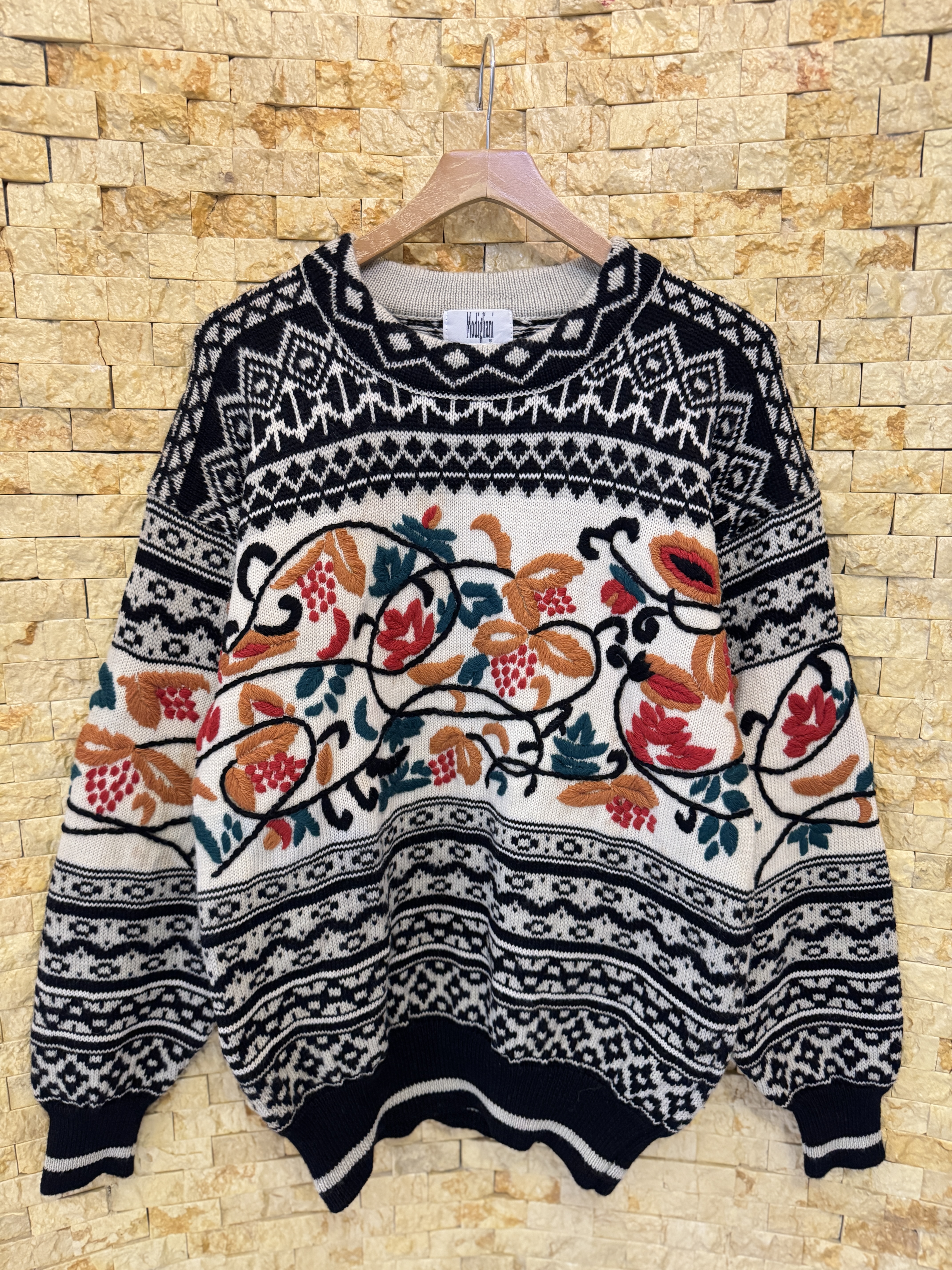 古着vintage孤品日系复古费尔岛手工钩花刺绣休闲宽松慵懒毛衣