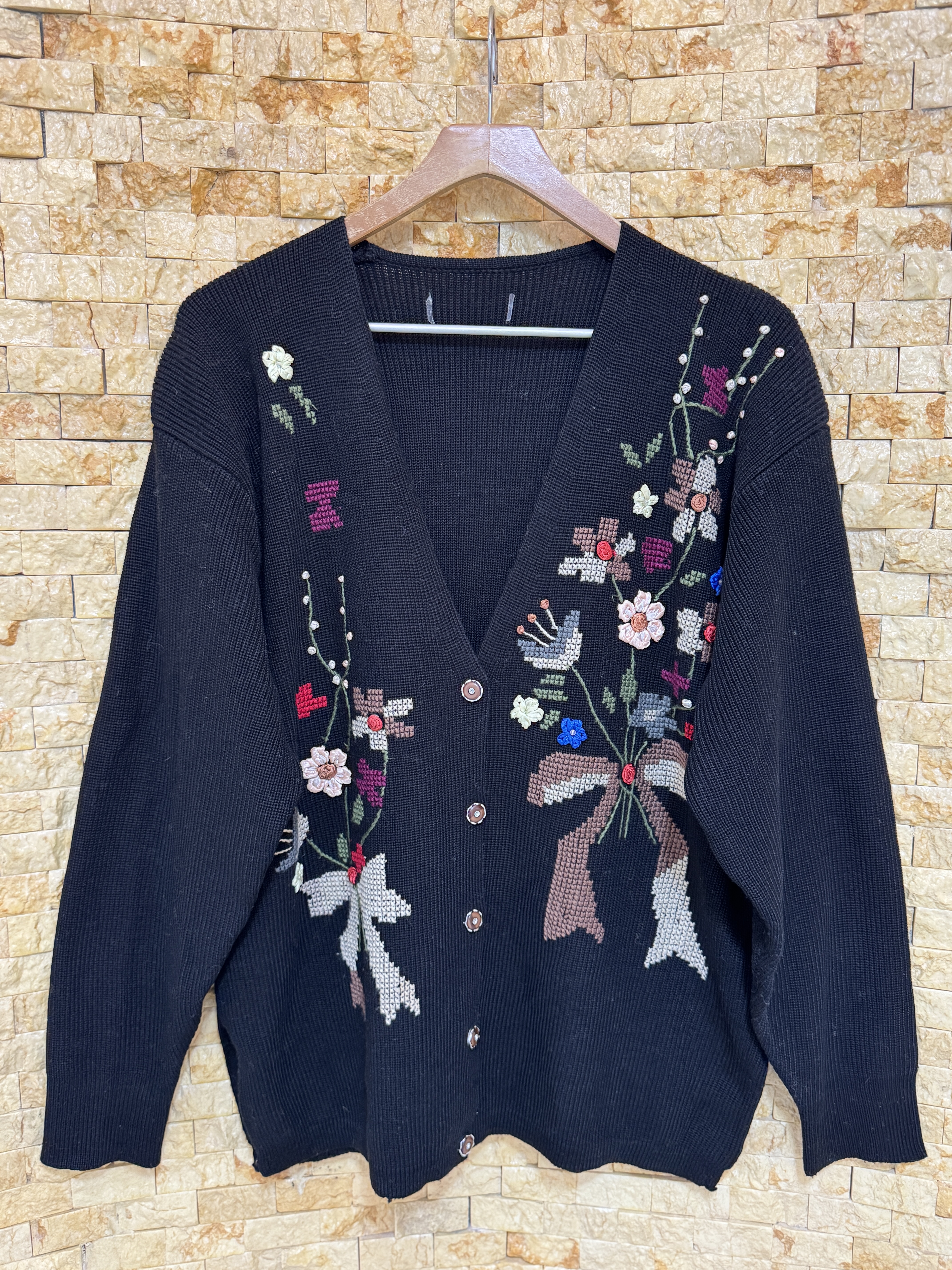 古着vintage孤品日系复古森系重工刺绣钩花宽松慵懒毛衣开衫外套