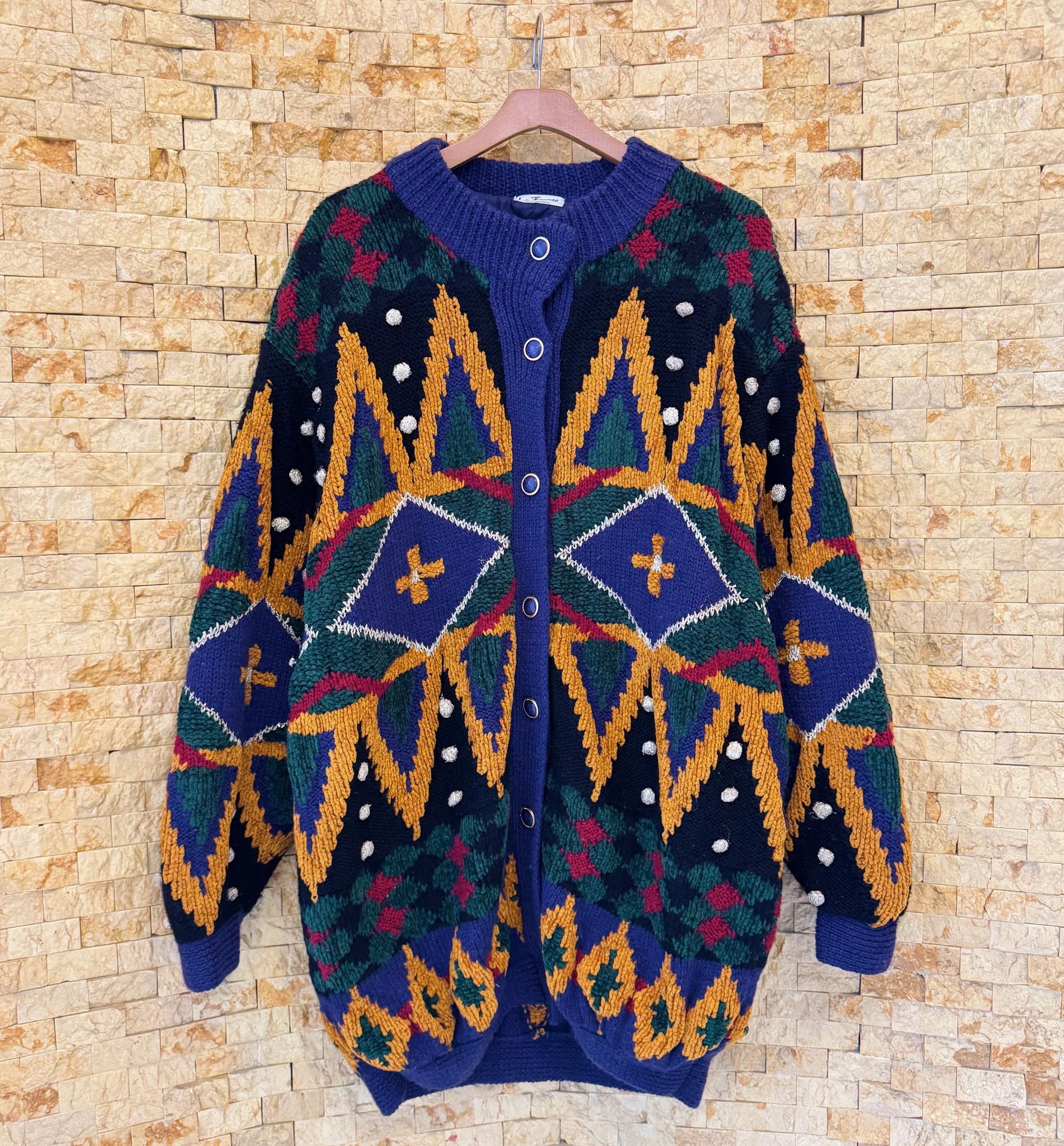 古着vintage孤品手工编织重磅立体钩花撞色豆豆圣诞毛衣宽松外套