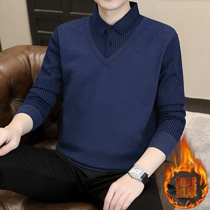 秋冬新款男士保暖内衣毛衣假两件衬衫领加绒加厚针织衫商务打底衫