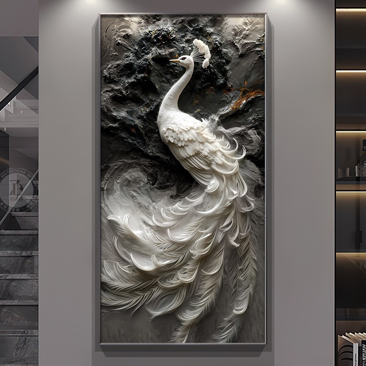 高级感浮雕立体肌理画孔雀挂画入户进门玄关装饰画走廊过道墙壁画图片
