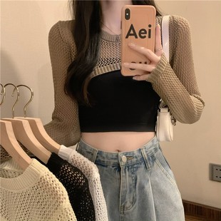 防晒针织外搭叠穿辣妹披肩 罩衫 潮流圆领镂空短款 长袖