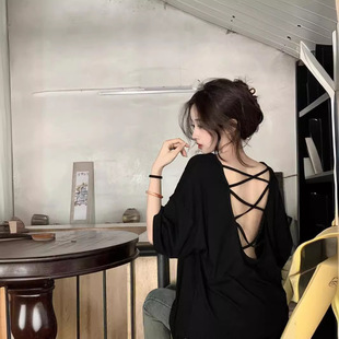 慵懒风休闲宽松中长款 大码 新款 T恤女夏季 上衣 小心机露背短袖