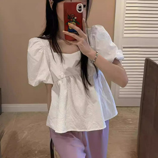 款 女夏季 纯色小上衣 方领衬衫 甜美泡泡袖