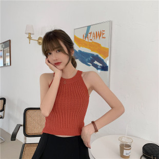 白色 上衣新款 挂脖吊带背心女百搭外穿针织打底露肩韩版 学院风无袖