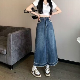 复古黑色毛边高腰牛仔半身裙女春款a字休闲梨形身材长款裙子新款