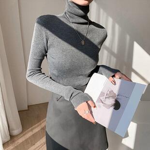 黑色堆堆领针织打底衫女秋冬软糯感上衣洋气紧身内搭高领毛衣韩版