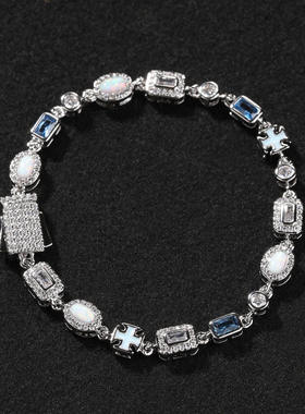 精致轻奢6mm铜镶蓝色系彩色宝石手链简约小清新百搭锆石男女手饰