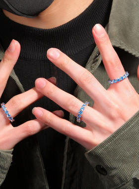 欧美百搭时尚一排嘻哈戒指情侣款小众冷淡风海蓝锆石指环hiphop