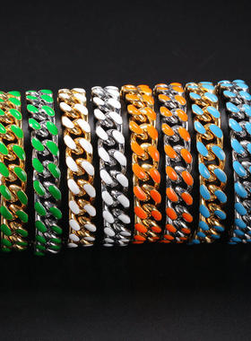 12mm宽嘻哈不锈钢滴油彩色个性古巴链时尚潮流百搭男女手链