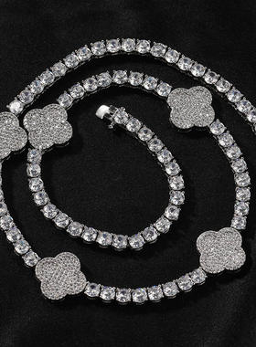 15mm宽大花四叶草拼接锆石网球链潮手链男女同款高级感风嘻哈项链