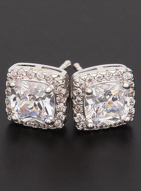 街头百搭嘻哈情侣四爪黑色锆石耳钉圆形方形透明宝石耳饰Earrings