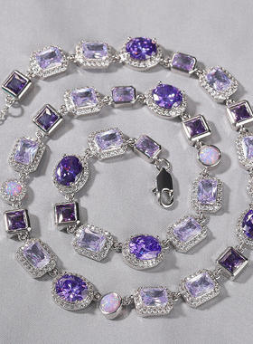 时尚轻奢高级感手链10mm几何型铜镶紫色宝石项链男女嘻哈潮流饰品