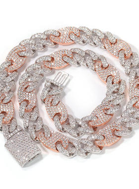 欧美嘻哈双色猪鼻锆石项链 Hiphop高品质拼色12mm古巴链潮流锁骨