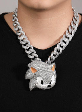 夜光刺猬索尼克嘻哈吊坠卡通动漫铜镶锆石潮流项链男女百搭古巴链