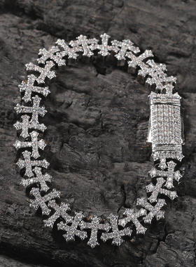 11.5mm宽十字架相拼嘻哈项链百搭轻奢铜镶锆石男女同款潮流手链