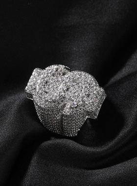 铜镶锆石美元符号满钻嘻哈戒指小众设计个性男士指环电镀工艺饰品