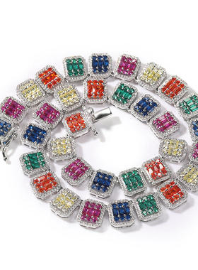 13mm欧美九宫格嘻哈项链时尚方钻圆钻混镶镂空手链长方情侣锁骨链