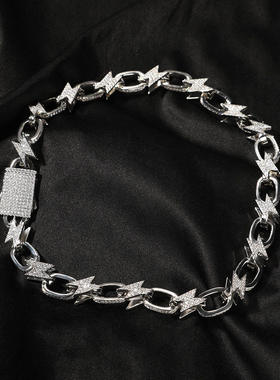 原创嘻哈闪电圆圈项链简约铜镶锆石手链街头个性潮流情侣锁骨链项