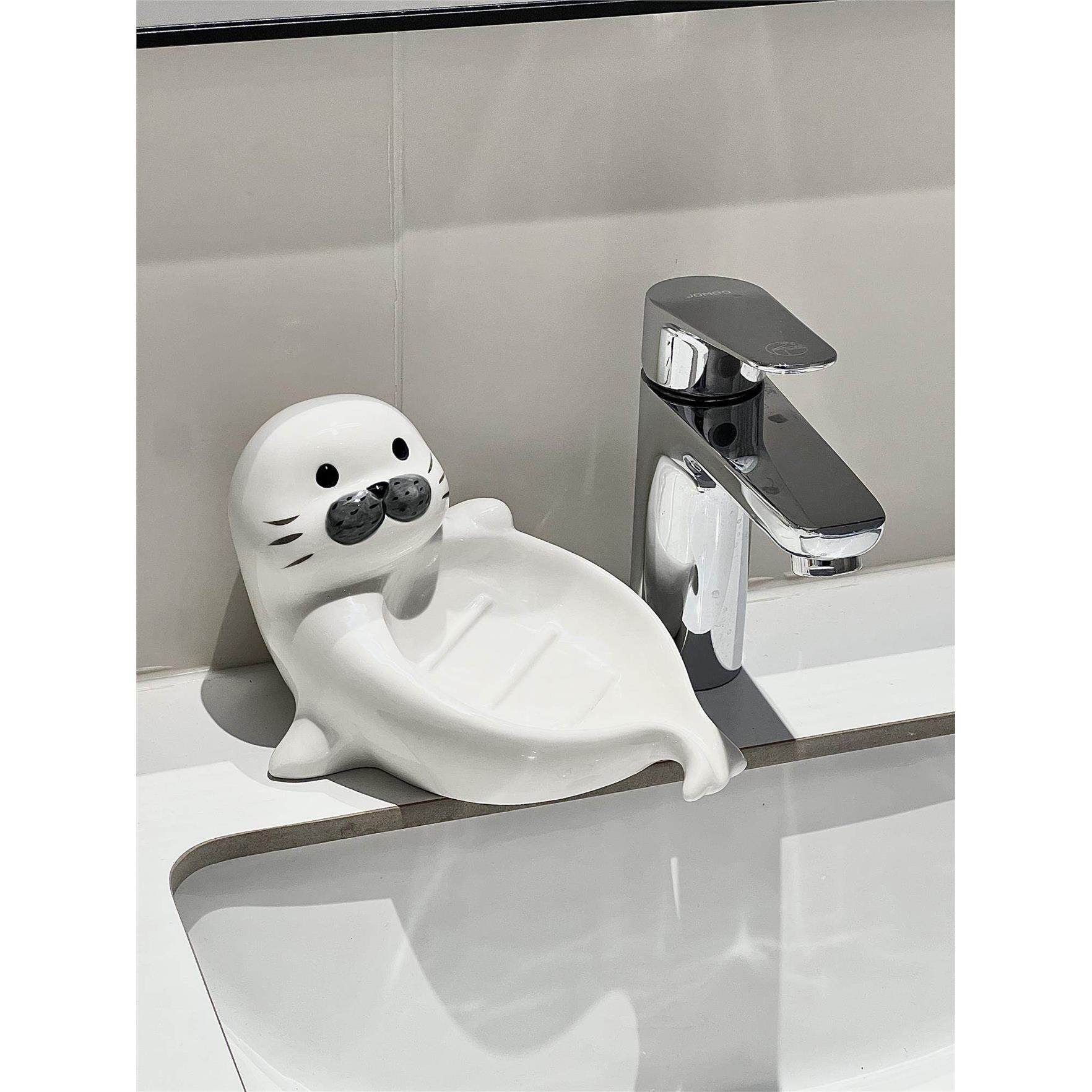 可爱海豹肥皂盒陶瓷沥水香皂碟洗手洗漱台卫生间香皂置物架