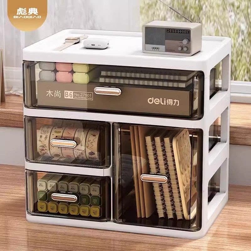 办公桌面收纳盒抽屉式文具置物架透明大容量化妆品收纳柜顶盖分格