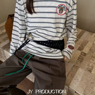 狂赞 满满德松弛感复古条纹秋冬绣花减龄重工条纹长袖体恤打底衫